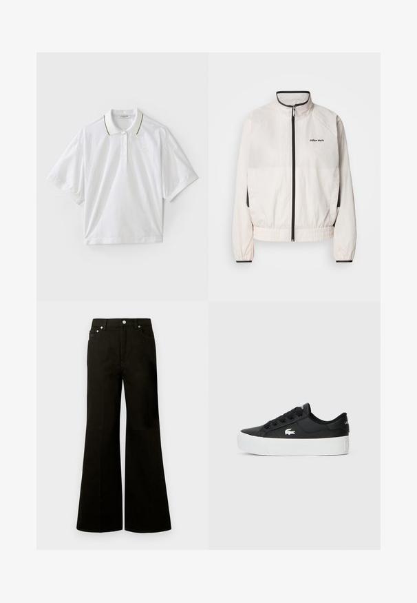 Calvin Klein Jeans RETRO TRACK JACKET - Spordijakk - tofu; Valge lühikeste varrukatega polo särk, millel on nupuga kaelus, roheline ja kollane kaeluse aktsent ning külgedel võrgusilma detailid. LACOSTE logo on esindatud.; Mustad kõrge vöökohaga laiade säärtega teksad eessete nuppude ja tõmblukuga, vööaasad ning viis taskut, sealhulgas väike münditasku.; Mustad musta värvi madal sneaker sünteetilisest materjalist, valge kummist tallaga, mustade paeltega ja külje peal väikese valge logoga.