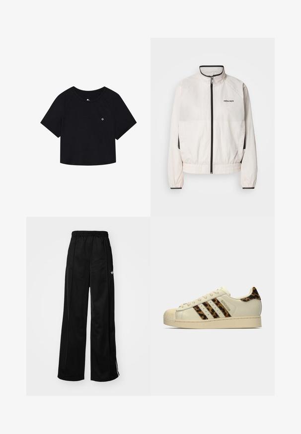 Calvin Klein Jeans RETRO TRACK JACKET - Sportinė striukė - tofu; Juodas trumpas marškinėlis su trumpomis rankovėmis, gumburėliu, apvaliu iškirpimu ir maža balta logo ant krūtinės.; Juodos plačios kojų sportinės kelnės su elastinga juosta, su baltomis šoninėmis juostelėmis ir mažuoju logotipu kairiajame klube. Lygus audinio paviršius.; Off-white Adidas Superstar sportbačiai su leopardų raštu juostomis ir kulno lipduku, smėlio spalvos guminiu, apvaliu nosimi ir "SUPERSTAR" tekstu šone.