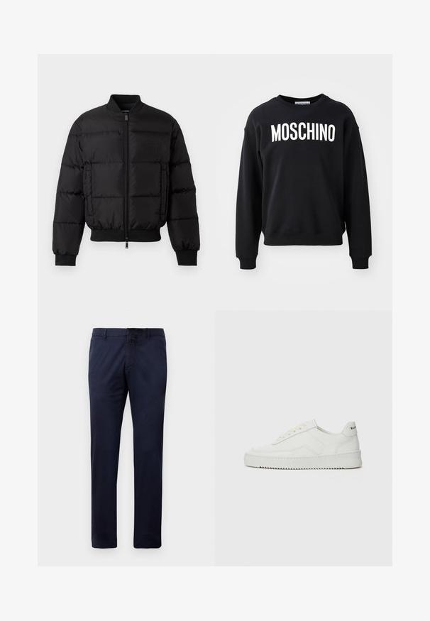 Černá plněná bunda s předním zipem, žebrovanými manžetami a lemem. Disponuje prošívaným designem a tónovým brandingem na levé náprsní kapse.; Černá mikina vyrobená z měkkého materiálu, s kulatým výstřihem a žebrovanými manžetami. Výrazné bílé logo "MOSCHINO" na přední straně.; Tmavě modré kalhoty rovného střihu s poutky na opasek, předním zapínáním na knoflík a bočními kapsami, vystavené na bílém pozadí.; Bílé kožené tenisky s hladkým povrchem, kulatou špičkou, plochými tkaničkami a texturovanou podrážkou. Na patě se nachází nenápadné logo.