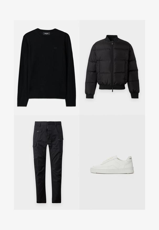 Giacca a spettro nera con zip frontale, polsini e orlo a costine. Presenta un design trapuntato e un logo tono su tono sulla tasca sinistra del petto.; Maglione nero a collo rotondo realizzato in morbido tessuto. Presenta maniche lunghe e un sottile dettaglio logo D2 sulla parte anteriore. Design semplice e classico.; Pantaloni cargo neri realizzati in tessuto resistente, dotati di multiple tasche, chiusura con bottone e design a gamba dritta. Texture liscia e finitura opaca.; Sneaker in pelle bianca con una finitura liscia, punta rotonda, lacci piatti e suola testurizzata. Presenta un logo discreto sul tallone.
