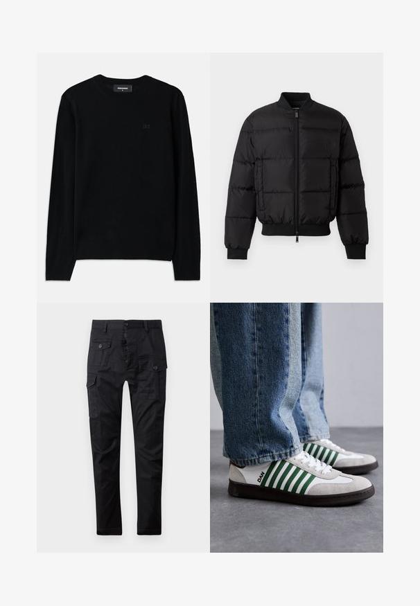Zwarte pufferjack met een ritssluiting aan de voorkant, ribgebreide manchetten en zoom. Beschikt over een gewatteerd ontwerp en tonaal merk op de linkerkant van de borstzak.; Zwarte crewneck trui van zacht materiaal. Voorzien van lange mouwen en een subtiele D2-logo detail op de voorkant. Eenvoudig, klassiek ontwerp.; Zwarte cargobroek van duurzaam materiaal, met meerdere zakken, een knoopsluiting en een rechte pasvorm. Soepele textuur en matte afwerking.; Witte en groene sneaker van suede en leer, met groene strepen, witte veters en een rubberen zool. Gstyled met blauwe jeans.