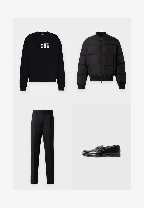 Černá plněná bunda s předním zipem, žebrovanými manžetami a lemem. Disponuje prošívaným designem a tónovým brandingem na levé náprsní kapse.; Černá mikina vyrobená z měkké tkaniny. Má kulatý výstřih a dlouhé rukávy. Uprostřed je bílé logo s textem "DSQUARED2 ICON." Klasický střih.; Černé formální kalhoty vyrobené z hladké látky, s rovnými nohavicemi, předními sklady a standardním pasem bez ozdob.; Kožené mokasíny v černé barvě s hladkým povrchem, kulatou špičkou, dekorativním prošíváním a malým kovovým detailem na přední straně.