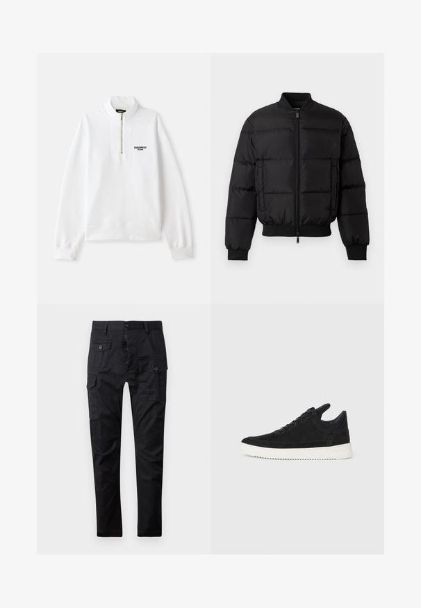 Giacca a spettro nera con zip frontale, polsini e orlo a costine. Presenta un design trapuntato e un logo tono su tono sulla tasca sinistra del petto.; Felpa bianca con zip e collo alto, dotata di un logo frontale nero. Tessuto morbido, vestibilità rilassata, polsini e orlo a coste.; Pantaloni cargo neri realizzati in tessuto resistente, dotati di multiple tasche, chiusura con bottone e design a gamba dritta. Texture liscia e finitura opaca.; Sneaker in suede nero con suola in gomma bianca, caratterizzato da cuciture tonali e design con lacci. Texture liscia con una forma moderna e aerodinamica.