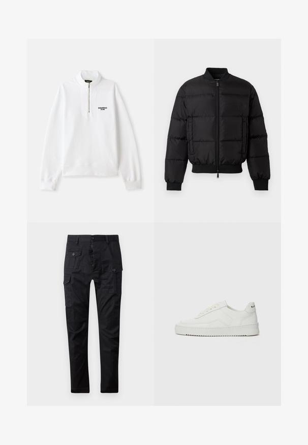 Giacca a spettro nera con zip frontale, polsini e orlo a costine. Presenta un design trapuntato e un logo tono su tono sulla tasca sinistra del petto.; Felpa bianca con zip e collo alto, dotata di un logo frontale nero. Tessuto morbido, vestibilità rilassata, polsini e orlo a coste.; Pantaloni cargo neri realizzati in tessuto resistente, dotati di multiple tasche, chiusura con bottone e design a gamba dritta. Texture liscia e finitura opaca.; Sneaker in pelle bianca con una finitura liscia, punta rotonda, lacci piatti e suola testurizzata. Presenta un logo discreto sul tallone.