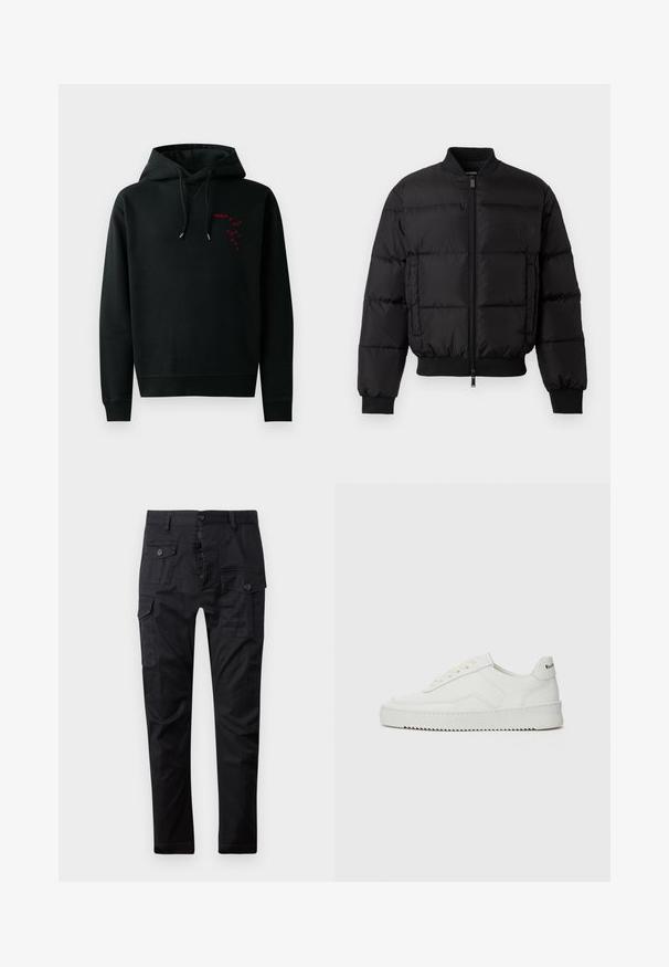 Mustat paksut takit, joissa on vetoketju edessä, ribatut hihansuut ja helma. Ominaisuuksiin kuuluu tikattu muotoilu ja sävyyn sopiva logo vasemmassa rintataskussa.; Musta huppari, jossa on kenguru-tasku, ja rintaan painettu punainen logo. Nyöritys hopeisilla päillä ja ribbikuvioidut hihansuut. Puuvillamateriaali.; Mustat farmarit, jotka on valmistettu kestävästä kankaasta. Niissä on useita taskuja, nappisulku ja suora lahkeiden muotoilu. Sileä pinta ja matta viimeistely.; Valkoinen nahkakenkä, jossa on sileä pinta, pyöreä kärki, tasaiset nauhat ja teksturoitu pohja. Sisältää huomaamattoman logon kantapäässä.