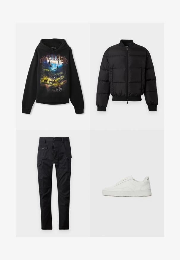 Zwarte pufferjack met een ritssluiting aan de voorkant, ribgebreide manchetten en zoom. Beschikt over een gewatteerd ontwerp en tonaal merk op de linkerkant van de borstzak.; Zwarte hoodie met een natuurthema grafiek van herten en bergen. Met een trektouw capuchon, lange mouwen en een relaxed fit. Zachte katoen stof.; Zwarte cargobroek van duurzaam materiaal, met meerdere zakken, een knoopsluiting en een rechte pasvorm. Soepele textuur en matte afwerking.; Witte leren sneaker met een gladde afwerking, ronde neus, platte veters en een gestructureerde zool. Kenmerkt zich door een subtiel logo op de hiel.