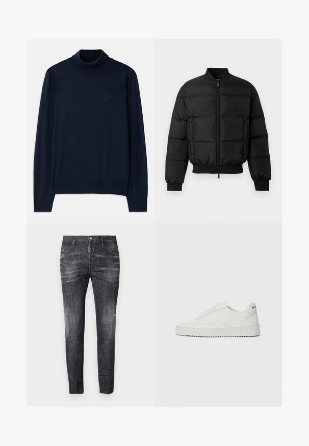 Black puffer jacket with a zip front, ribbed cuffs, and hem. Features a quilted design and tonal branding on the left chest pocket.; Dsquared2 TURTLE NECK - Jumper - navy blue; Dark gray denim jeans with a slim fit, subtle fading, distress marks on the thighs, five pockets, and a contrasting red label detail.; White leather sneaker with a smooth finish, round toe, flat laces, and a textured sole. Features a subtle logo on the heel.