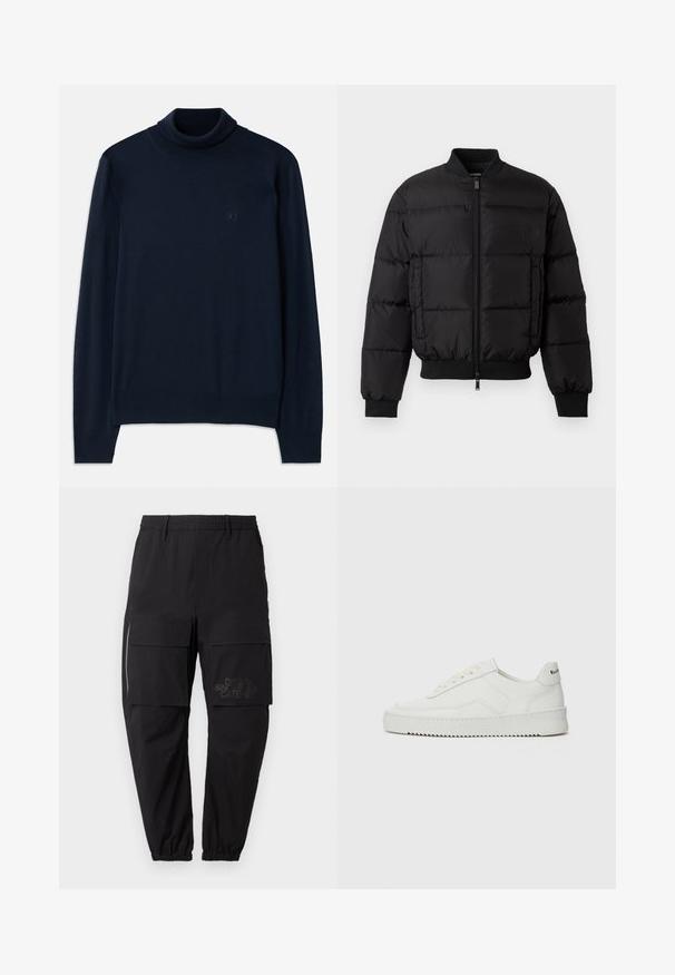 Black puffer jacket with a zip front, ribbed cuffs, and hem. Features a quilted design and tonal branding on the left chest pocket.; Dsquared2 TURTLE NECK - Jumper - navy blue; Black cargo pants with an elastic waistband, featuring multiple side pockets, a zipper detail, and a subtle printed logo on the thigh.; White leather sneaker with a smooth finish, round toe, flat laces, and a textured sole. Features a subtle logo on the heel.