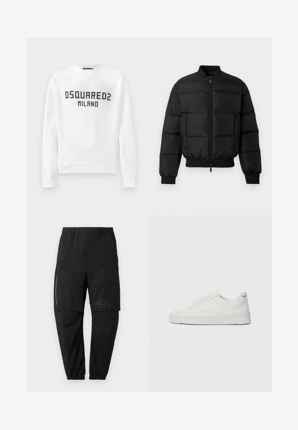 Juodas pūkinis švarkas su užtrauktuku priekyje, su guma rankogaliuose ir priekyje. Yra siuvinėtas dizainas ir toninis logotipas kairėje krūtinės kišenėje.; Balta džemperis, pagamintas iš minkštos medžiagos, su apvalia iškirpte, ilgomis rankovėmis ir juodu "DSQUARED2 MILANO" logotipu priekyje.; Juodos krovinių kelnės su elastinga juosmena, turinčios keletą šoninių kišenių, užtrauktuko detalę ir subtilų logotipą ant šlaunies.; Balti odiniai sportiniai bateliai su lygia apdaila, apvaliu pirštu, plokščiais raišteliais ir tekstūruotu padu. Pasižymi subtiliu logotipu ant kulno.