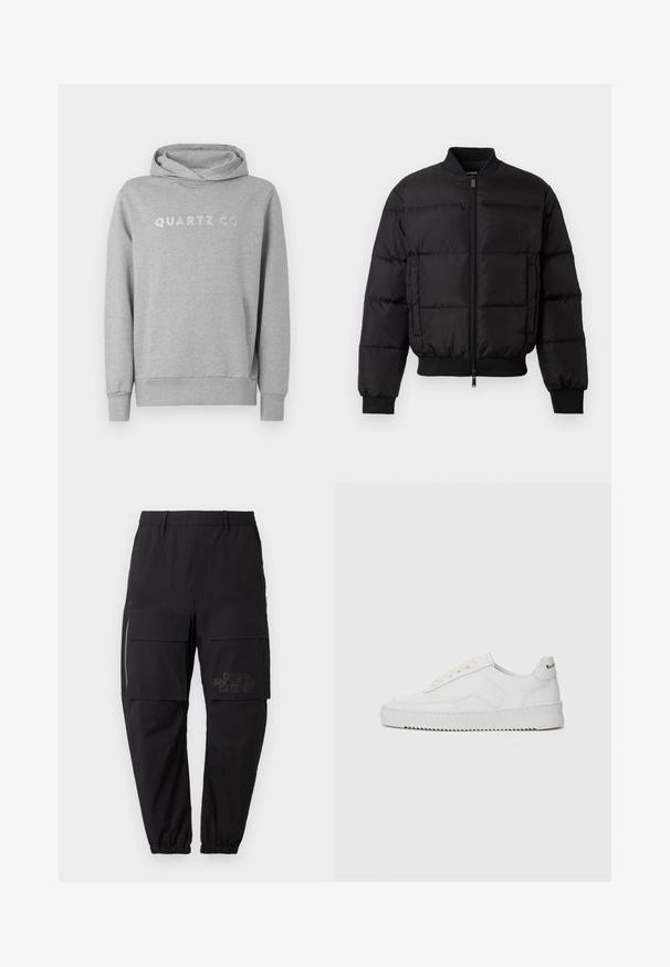 Juodas pūkinis švarkas su užtrauktuku priekyje, su guma rankogaliuose ir priekyje. Yra siuvinėtas dizainas ir toninis logotipas kairėje krūtinės kišenėje.; Pilkas megztas kapucinis džemperis, pagamintas iš minkštos medžiagos, su raišteliu reguliuojama kapuce ir priekinėmis kišenėmis, ant krūtinės subtiliu dizainu pavaizduota užrašas "QUARTZ CO".; Juodos krovinių kelnės su elastinga juosmena, turinčios keletą šoninių kišenių, užtrauktuko detalę ir subtilų logotipą ant šlaunies.; Balti odiniai sportiniai bateliai su lygia apdaila, apvaliu pirštu, plokščiais raišteliais ir tekstūruotu padu. Pasižymi subtiliu logotipu ant kulno.