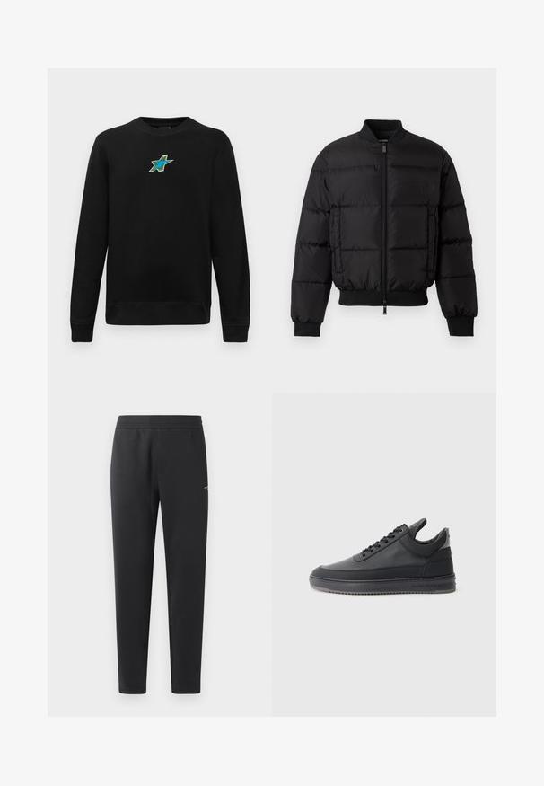 Černá plněná bunda s předním zipem, žebrovanými manžetami a lemem. Disponuje prošívaným designem a tónovým brandingem na levé náprsní kapse.; Černá mikina s dlouhým rukávem a kulatým výstřihem, se malým vyšitým modro-zeleným hvězdičkovým vzorem umístěným na hrudi.; Černé joggingové kalhoty vyrobené z měkké tkaniny, s elastickým pasem, rovnými nohavicemi a malým logem na boku.; Černé kožené tenisky s texturovaným povrchem, šněrovacím designem, nízkým střihem a šedou gumovou podrážkou s drážkovaným okrajem.
