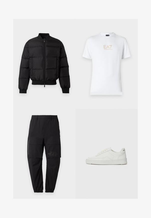 Zwarte pufferjack met een ritssluiting aan de voorkant, ribgebreide manchetten en zoom. Beschikt over een gewatteerd ontwerp en tonaal merk op de linkerkant van de borstzak.; Witte katoenen t-shirt met een ronde halslijn en korte mouwen, voorzien van een gouden EA7 Emporio Armani-logo op de voorkant.; Zwarte cargobroek met een elastische tailleband, voorzien van meerdere zijzakken, een ritsdetail en een subtiele bedrukte logo op de dij.; Witte leren sneaker met een gladde afwerking, ronde neus, platte veters en een gestructureerde zool. Kenmerkt zich door een subtiel logo op de hiel.