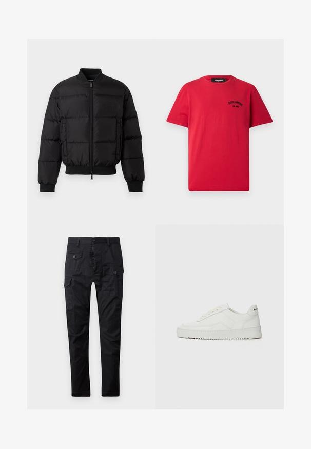 Black puffer jacket with a zip front, ribbed cuffs, and hem. Features a quilted design and tonal branding on the left chest pocket.; Red cotton T-shirt featuring short sleeves, a round neckline, and a black embroidered logo on the left chest. Simple and solid design.; Black cargo pants made of durable fabric, featuring multiple pockets, a button fly, and a straight leg design. Smooth texture and matte finish.; White leather sneaker with a smooth finish, round toe, flat laces, and a textured sole. Features a subtle logo on the heel.