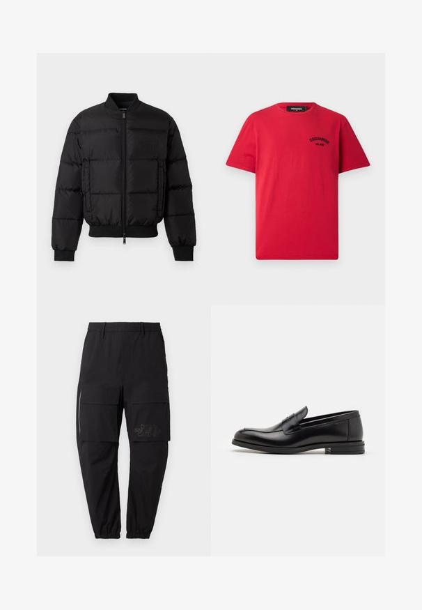 Črn puhovka z zadrgo spredaj, ribanim zaključkom rokavov in spodnjim robom. Ima kvadratno zasnovo in tonalne oznake na levem žepu.; Rdeča bombažna majica s kratkimi rokavi, okroglim izrezom in črnim vezenim logotipom na levi prsni strani. Preprost in enostaven dizajn.; Črne tovorne hlače z elastičnim pasom, ki imajo več stranskih žepov, zadrgo in subtilen logotip na stegnu.; Črne usnjene loafer čevlje z gladko teksturo, zaobljenim nosom in dekorativnim trakom čez zgornji del. Nizka zložena peta, minimalističen dizajn.