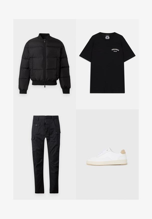 Black puffer jacket with a zip front, ribbed cuffs, and hem. Features a quilted design and tonal branding on the left chest pocket.; Black cotton T-shirt with short sleeves, featuring white "DSQUARED2 MILANO" logo on the chest. Crew neck design, smooth texture.; Black cargo pants made of durable fabric, featuring multiple pockets, a button fly, and a straight leg design. Smooth texture and matte finish.; White low-top sneakers with a textured leather upper, cream ridged sole, and a tan heel accent. Features white laces and logo detail on heel.