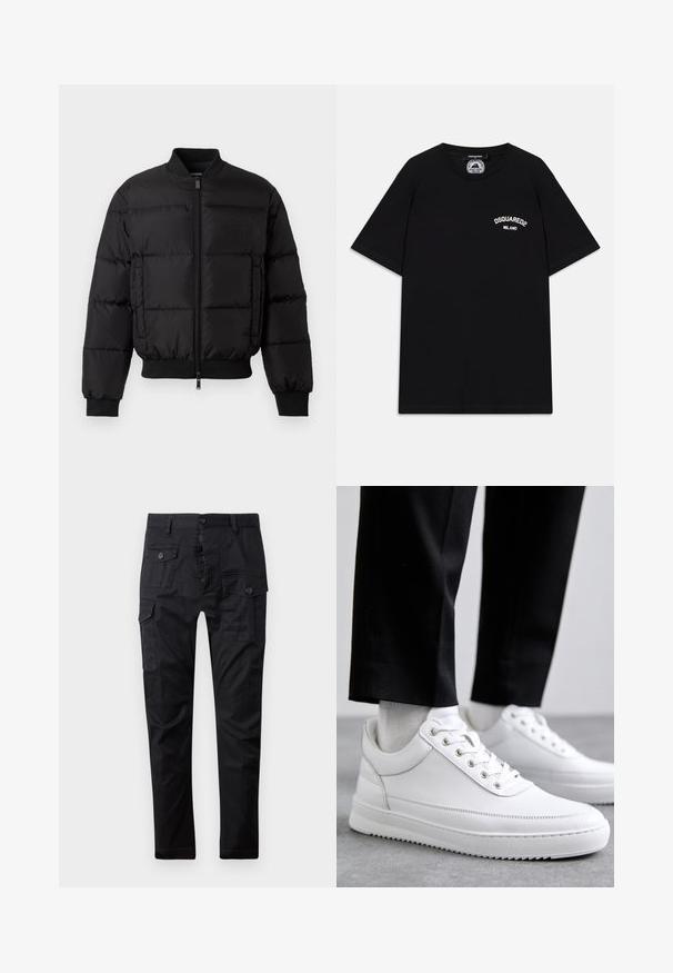 Black puffer jacket with a zip front, ribbed cuffs, and hem. Features a quilted design and tonal branding on the left chest pocket.; Black cotton T-shirt with short sleeves, featuring white "DSQUARED2 MILANO" logo on the chest. Crew neck design, smooth texture.; Black cargo pants made of durable fabric, featuring multiple pockets, a button fly, and a straight leg design. Smooth texture and matte finish.; White leather sneakers with a flat rubber sole, featuring a smooth finish, round toe, and metal eyelets for laces. Worn with black pants.