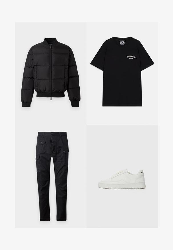 Crna puffer jakna s patentnim zatvaračem sprijeda, rebrastim manžetama i rubom. Ima kvadratni dizajn i tonalni natpis na lijevoj prsnoj džepu.; Crna pamučna majica s kratkim rukavima, s bijelim logotipom "DSQUARED2 MILANO" na prsima. Okrugli izrez, glatka tekstura.; Crne cargo hlače izrađene od izdržljivog materijala, s višestrukim džepovima, dugmetom za zatvaranje i ravnim krojem. Glatka tekstura i mat završna obrada.; Bijele kožne tenisice s glatkom površinom, okruglim vrhom, ravnim vezicama i teksturiranom potplatom. Imaju suptilan logo na peti.