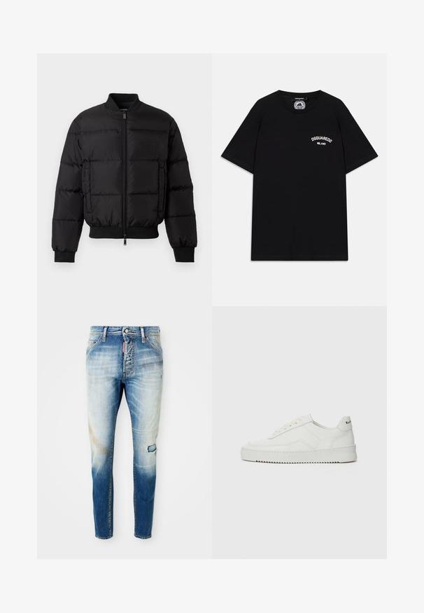 Jachetă puffer neagră cu închidere prin fermoar în față, manșete și tiv ribbate. Prezintă un design matlasat și branding tonal pe buzunarul stâng de la piept.; Tricou negru din bumbac cu mâneci scurte, având logo-ul alb "DSQUARED2 MILANO" pe piept. Design cu gât rotund, textură netedă.; Jeans skinny de culoare albastru deschis, ușor decolorate, cu o mică rupere pe coapsa dreaptă și un etichetă roșie a brandului lângă fermoarul din față.; Sneakers din piele albă cu un finisaj neted, vârf rotund, șireturi plate și o talpă texturată. Prezintă un logo subtil pe călcâi.