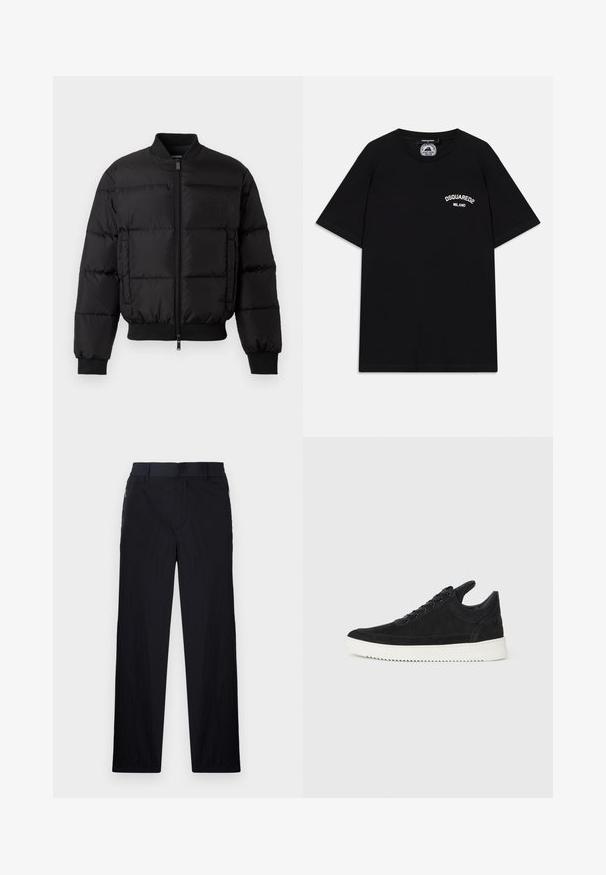 Sort pufferjakke med lynlås foran, ribbede manchetter og kant. Har en quiltet design og tonal branding på venstre brystlomme.; Sort bomulds T-shirt med korte ærmer, der har en hvid "DSQUARED2 MILANO" logo på brystet. Crew neck-design, glat tekstur.; Sorte bukser i let, struktureret stof, med lige ben, elastisk talje og sidelommer med lynlås.; Sort ruskinds sneaker med en hvid gummisål, der har tonalt syet detalje og snørredesign. Glat tekstur med en moderne, strømlinet form.