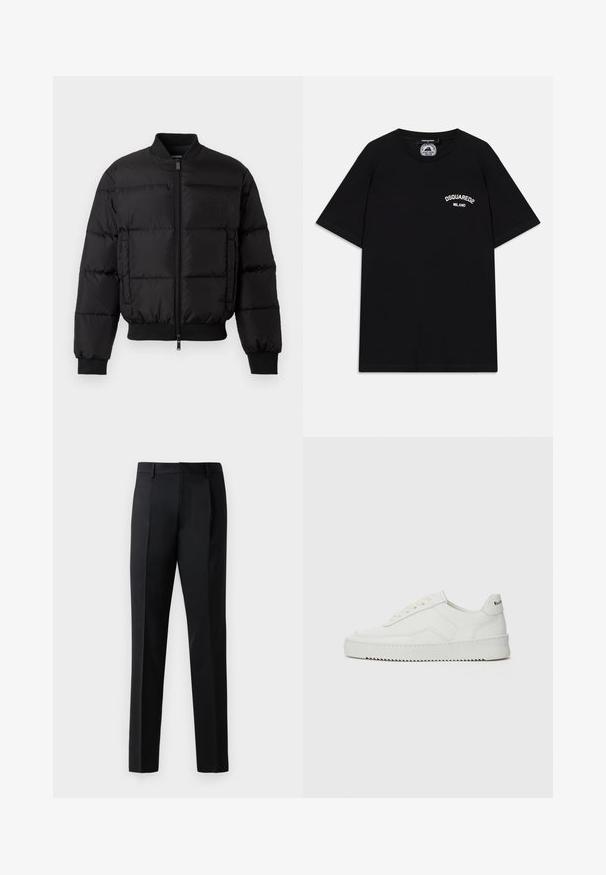 Schwarze Daunenjacke mit Reißverschluss, gerippten Bündchen und Saum. Verfügt über ein gesteppte Design und ein tonal passendes Branding auf der linken Brusttasche.; Schwarz Baumwoll-T-Shirt mit kurzen Ärmeln, mit weißem "DSQUARED2 MILANO" Logo auf der Brust. Rundhalsausschnitt, glatte Textur.; Schwarze formelle Hosen aus einem glatten Stoff, mit geradem Bein, vorderen Falten und einem klassischen Bund ohne Verzierungen.; Weiße Ledersneaker mit glatter Oberfläche, runder Zehenpartie, flachen Schnürsenkeln und strukturiertem Sohlenprofil. Mit einem dezenten Logo an der Ferse.
