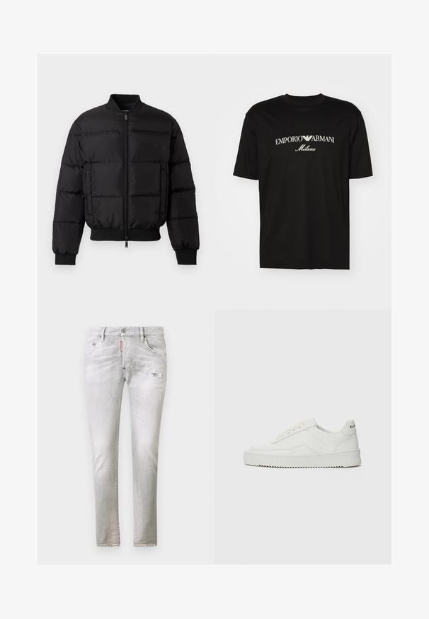 Černá plněná bunda s předním zipem, žebrovanými manžetami a lemem. Disponuje prošívaným designem a tónovým brandingem na levé náprsní kapse.; Černé bavlněné tričko s kulatým výstřihem, krátkými rukávy a logem "EMPORIO ARMANI" v bílém nad nápisem "Milano" v zakřiveném provedení.; Světlé šedé džíny z denimu s opotřebovanými detaily, rovnou nohavicí a klasickým pěti kapsovým stylem s logem na pásu.; Bílé kožené tenisky s hladkým povrchem, kulatou špičkou, plochými tkaničkami a texturovanou podrážkou. Na patě se nachází nenápadné logo.