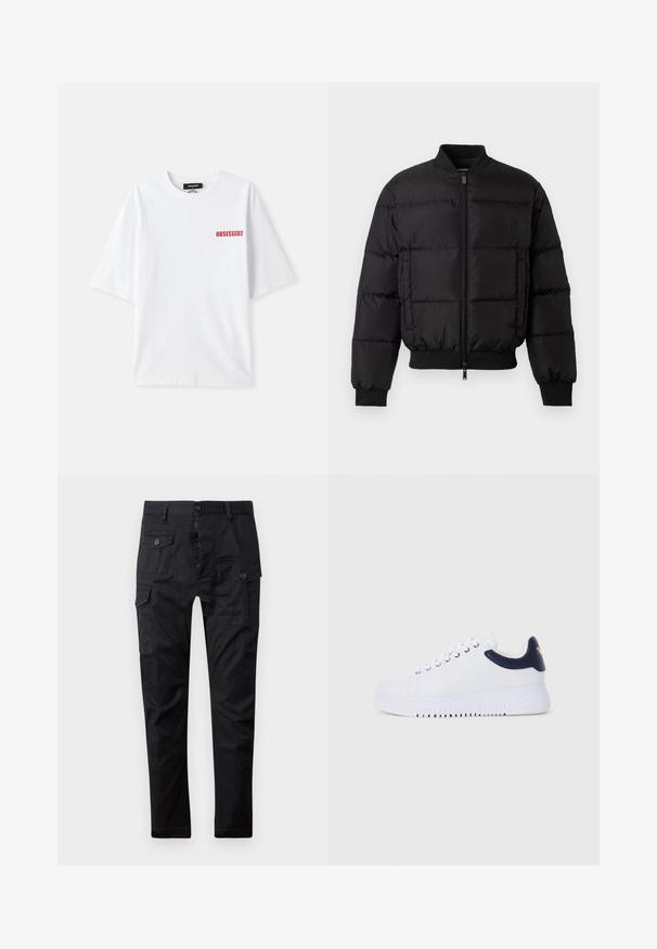Black puffer jacket with a zip front, ribbed cuffs, and hem. Features a quilted design and tonal branding on the left chest pocket.; White cotton t-shirt with short sleeves, featuring red text "OBSESSED2" on the front left side. Classic crew neck design.; Black cargo pants made of durable fabric, featuring multiple pockets, a button fly, and a straight leg design. Smooth texture and matte finish.; White sneakers with navy accents, featuring a smooth texture, round toe, and raised outsole, detailed with a logo on the side.