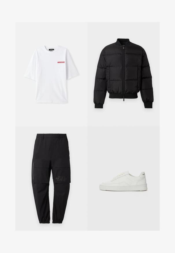 Fekete puffermellény, elülső cipzárral, bordázott mandzsettákkal és aljjal. Tömörített mintázat jellemzi, és tónusos logó található a bal oldali mellzsebén.; Fehér pamut póló rövid ujjakkal, az elülső bal oldalán piros "OBSESSED2" felirattal. Klasszikus kerek nyakú dizájn.; Fekete cargo nadrág, rugalmas derékkal, több oldalsó zsebbel, cipzár részlettel és diszkrét nyomott logóval a combon.; Fehér bőr sportcipő sima felülettel, kerek orral, lapos fűzőkkel és texturált talppal. Finom logó található a sarokon.