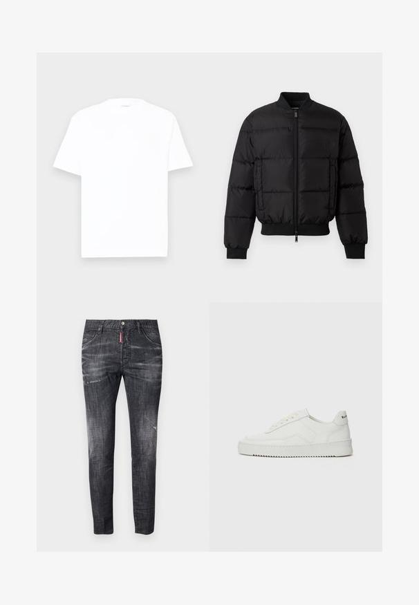 Black puffer jacket with a zip front, ribbed cuffs, and hem. Features a quilted design and tonal branding on the left chest pocket.; White cotton t-shirt with a round neck, short sleeves, and a relaxed fit. Smooth texture, minimal detailing, and no patterns or graphics.; Dark gray denim jeans with a slim fit, subtle fading, distress marks on the thighs, five pockets, and a contrasting red label detail.; White leather sneaker with a smooth finish, round toe, flat laces, and a textured sole. Features a subtle logo on the heel.