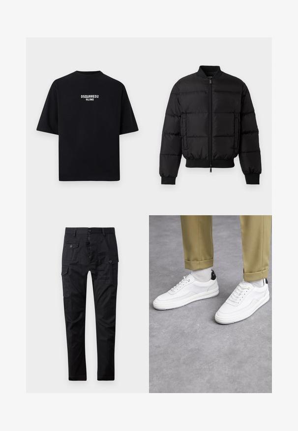 Zwarte pufferjack met een ritssluiting aan de voorkant, ribgebreide manchetten en zoom. Beschikt over een gewatteerd ontwerp en tonaal merk op de linkerkant van de borstzak.; Zwart katoenen T-shirt met korte mouwen, ronde hals en witte hoofdletters "DSQUARED2 MILANO" gecentreerd aan de voorkant.; Zwarte cargobroek van duurzaam materiaal, met meerdere zakken, een knoopsluiting en een rechte pasvorm. Soepele textuur en matte afwerking.; Witte sneakers met een textuur van leerafwerkingen, een ronde neus en een zwarte hielaccent. Rubberen zool met een klein profiel en gestikte details.