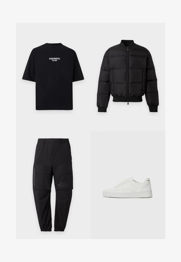 Zwarte pufferjack met een ritssluiting aan de voorkant, ribgebreide manchetten en zoom. Beschikt over een gewatteerd ontwerp en tonaal merk op de linkerkant van de borstzak.; Zwart katoenen T-shirt met korte mouwen, ronde hals en witte hoofdletters "DSQUARED2 MILANO" gecentreerd aan de voorkant.; Zwarte cargobroek met een elastische tailleband, voorzien van meerdere zijzakken, een ritsdetail en een subtiele bedrukte logo op de dij.; Witte leren sneaker met een gladde afwerking, ronde neus, platte veters en een gestructureerde zool. Kenmerkt zich door een subtiel logo op de hiel.