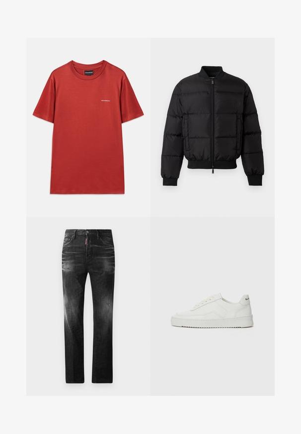 Juodas pūkinis švarkas su užtrauktuku priekyje, su guma rankogaliuose ir priekyje. Yra siuvinėtas dizainas ir toninis logotipas kairėje krūtinės kišenėje.; Raudona medvilninė marškinėliai su apykakle, trumpomis rankovėmis ir nepastebimu baltu logotipu ant krūtinės, pasižymintys lygiu paviršiumi ir laisvu bei patogiu kirpimu.; Juodi džinsai su tiesiu kirpimu. Spalvoti svyrantys plotai, šiek tiek sugadinti, klasikinis penkių kišenių dizainas ir mygtuko uždarymas.; Balti odiniai sportiniai bateliai su lygia apdaila, apvaliu pirštu, plokščiais raišteliais ir tekstūruotu padu. Pasižymi subtiliu logotipu ant kulno.