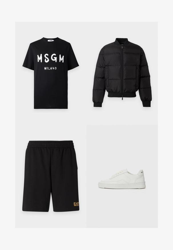 Fekete puffermellény, elülső cipzárral, bordázott mandzsettákkal és aljjal. Tömörített mintázat jellemzi, és tónusos logó található a bal oldali mellzsebén.; Fekete pamut póló, feltűnő fehér felirattal: "MSGM MILANO". Rövid ujjú és kerek dekoltázsú. Sima textúrájú, laza fazonú.; Fekete sportnadrág puha anyagból, rugalmas derékkal és egy kis sárga EA7 logóval a bal alsó lábszáron.; Fehér bőr sportcipő sima felülettel, kerek orral, lapos fűzőkkel és texturált talppal. Finom logó található a sarokon.