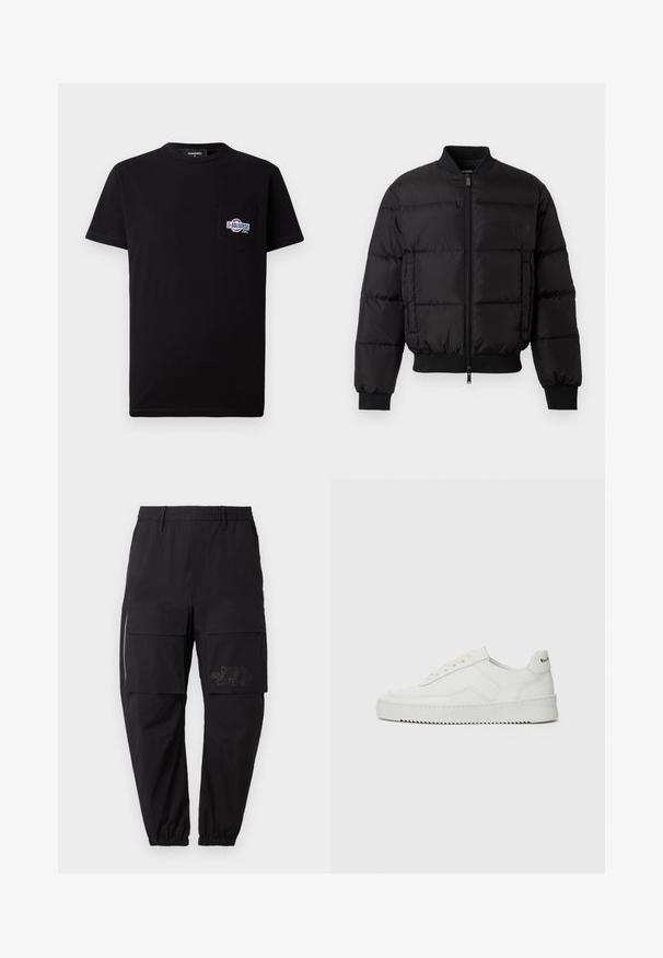 Crna puffer jakna s patentnim zatvaračem sprijeda, rebrastim manžetama i rubom. Ima kvadratni dizajn i tonalni natpis na lijevoj prsnoj džepu.; Crna pamučna majica kratkih rukava s okruglim izrezom, koja ima lijevi džep na grudima s višebojnim izvezenim logotipom.; Crne cargo hlače s elastičnim pojasom, koje imaju više bočnih džepova, detalj na zatvarač i suptilan otisak loga na bedru.; Bijele kožne tenisice s glatkom površinom, okruglim vrhom, ravnim vezicama i teksturiranom potplatom. Imaju suptilan logo na peti.