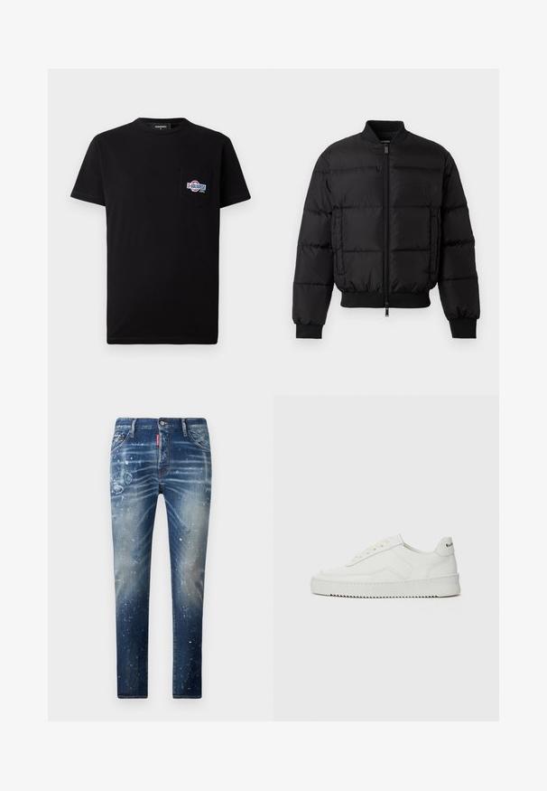 Sort pufferjakke med lynlås foran, ribbede manchetter og kant. Har en quiltet design og tonal branding på venstre brystlomme.; Sort bomuld t-shirt med korte ærmer og rund hals, med en venstre brystlomme og et flerfarvet broderet logo.; Mørkeblå denim jeans med slidte områder, beskadigede lapper og hvide malingspletter. Lige ben-design med en klassisk fem-lomme layout.; Hvide lædersneakers med en glat overflade, rund tå, flade snørebånd og en tekstureret sål. Har et diskret logo på hælen.