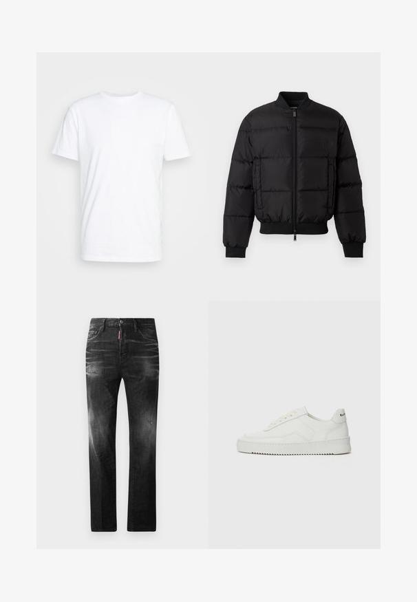 Giacca a spettro nera con zip frontale, polsini e orlo a costine. Presenta un design trapuntato e un logo tono su tono sulla tasca sinistra del petto.; T-shirt bianco in cotone con colletto girocollo classico, maniche corte e una texture liscia; senza motivi o loghi visibili.; Jeans in denim nero con vestibilità dritta. Presentano aree sbiadite, leggeri segni di usura, classico design a cinque tasche e chiusura con bottone.; Sneaker in pelle bianca con una finitura liscia, punta rotonda, lacci piatti e suola testurizzata. Presenta un logo discreto sul tallone.