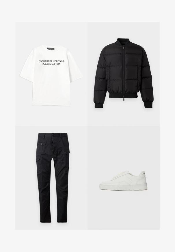 Schwarze Daunenjacke mit Reißverschluss, gerippten Bündchen und Saum. Verfügt über ein gesteppte Design und ein tonal passendes Branding auf der linken Brusttasche.; Dsquared2 T-Shirt print - white; Schwarze Cargohosen aus strapazierfähigem Stoff, ausgestattet mit mehreren Taschen, einem Knopfverschluss und einem geraden Bein-Design. Glatte Textur und matte Oberfläche.; Weiße Ledersneaker mit glatter Oberfläche, runder Zehenpartie, flachen Schnürsenkeln und strukturiertem Sohlenprofil. Mit einem dezenten Logo an der Ferse.