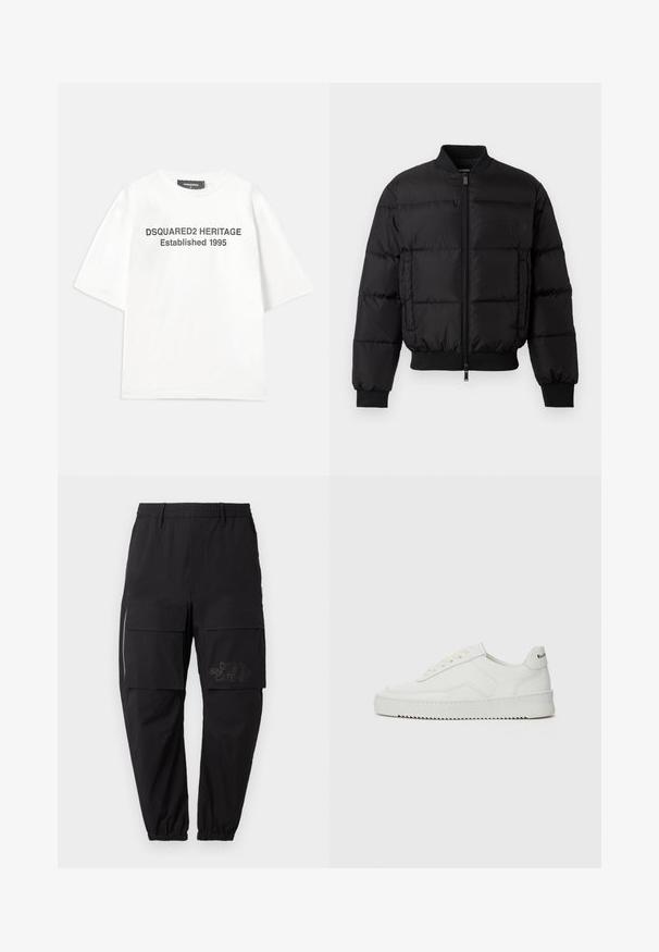 Giacca a spettro nera con zip frontale, polsini e orlo a costine. Presenta un design trapuntato e un logo tono su tono sulla tasca sinistra del petto.; Dsquared2 T-shirt con stampa - white; Pantaloni cargo neri con un elastico in vita, dotati di molteplici tasche laterali, dettaglio con cerniera e un logo stampato discreto sulla coscia.; Sneaker in pelle bianca con una finitura liscia, punta rotonda, lacci piatti e suola testurizzata. Presenta un logo discreto sul tallone.
