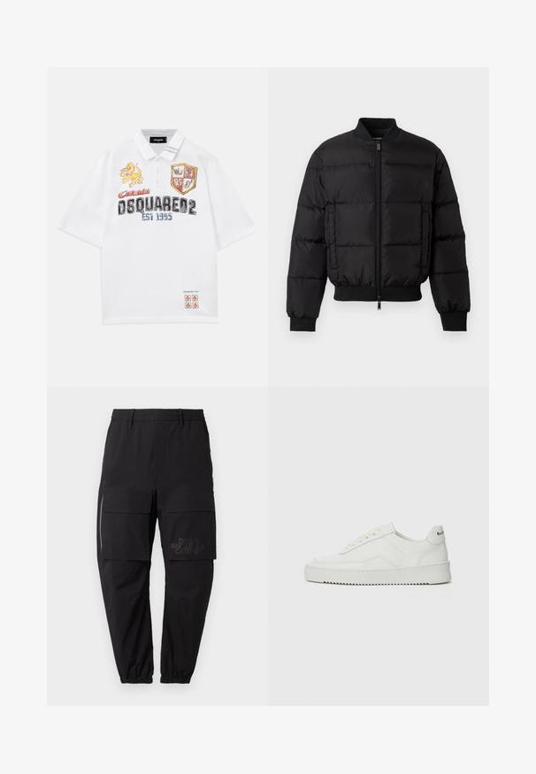 Melna pūšamā jaka ar rāvējslēdzēju priekšā, ribotām piedurknēm un apakšmalu. Iezīmējas ar dūnu struktūru un toņa zīmolu kreisajā krūšu kabatē.; Balts polo krekls ar izšūtām grafikām, tai skaitā lauva un vairogs. Īsas piedurknes, pogājamais apkakle, brīvs griezums.; Melni kravas bikses ar elastīgu jostasvietu, vairākām sānu kabatām, ar rāvējslēdzēja detaļu un smalku drukātu logotipu uz augšstilba.; Baltas ādas sneakers ar gludu virsmu, apaļu pirkstu daļu, plakaniem šņorēm un teksturētu zoli. Satur diskrētu logotipu uz papēža.