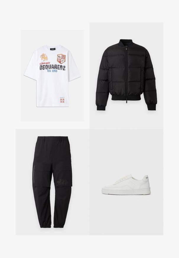 Black puffer jacket with a zip front, ribbed cuffs, and hem. Features a quilted design and tonal branding on the left chest pocket.; White cotton t-shirt featuring colorful graphics, including a lion, shields, and text. Loose fit with short sleeves. Accents in red and blue.; Black cargo pants with an elastic waistband, featuring multiple side pockets, a zipper detail, and a subtle printed logo on the thigh.; White leather sneaker with a smooth finish, round toe, flat laces, and a textured sole. Features a subtle logo on the heel.