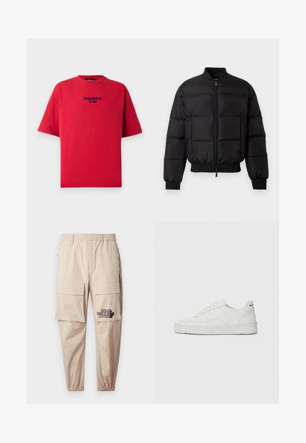 Černá plněná bunda s předním zipem, žebrovanými manžetami a lemem. Disponuje prošívaným designem a tónovým brandingem na levé náprsní kapse.; Červené bavlněné tričko s kulatým výstřihem, krátkými rukávy a černým tištěným logem "DSQUARED2 MILANO" na přední straně.; Beige cargo kalhoty vyrobené z lehké látky, s elastickým pasem, zipovými kapsami a potiskem loga na levé nohavici.; Bílé kožené tenisky s hladkým povrchem, kulatou špičkou, plochými tkaničkami a texturovanou podrážkou. Na patě se nachází nenápadné logo.