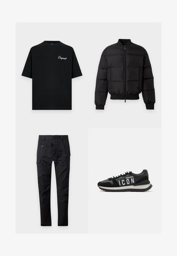 Chaqueta de plumas negra con cierre de cremallera en la parte delantera, puños y dobladillo acanalados. Cuenta con un diseño acolchado y una marca tonal en el bolsillo izquierdo del pecho.; Camiseta de algodón negra con cuello redondo y mangas cortas. Presenta un logo bordado en blanco en el lado izquierdo del pecho. Diseño minimalista.; Pantalones cargo negros hechos de tela duradera, con múltiples bolsillos, cierre de botón y un diseño de pierna recta. Textura suave y acabado mate.; Zapatillas negras de cuero y ante, con un logo blanco "ICON" y una suela negra contrastante. Los cordones son blancos; el diseño es deportivo.