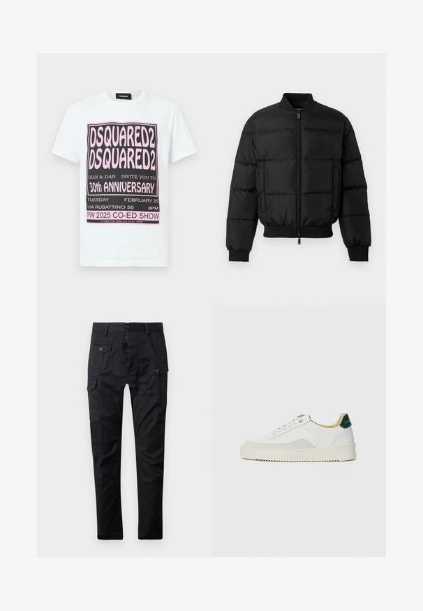 Črn puhovka z zadrgo spredaj, ribanim zaključkom rokavov in spodnjim robom. Ima kvadratno zasnovo in tonalne oznake na levem žepu.; Bela bomba iz 100% bombaža z grafičnim besedilom v črni in roza barvi, ki vsebuje podrobnosti o dogodku ob 30. obletnici blagovne znamke DSQUARED2, kratki rokavi in krožni izrez.; Črne cargo hlače iz trpežne tkanine, ki imajo več žepov, gumbasto zapenjanje in ravno nogo. Gladka tekstura in mat izgled.; Bela trenerka z zaključki iz semiša, okroglo konico, ravne vezalke in kremna gumijasta podplata. Ima zeleno blagovno znamko na peti.