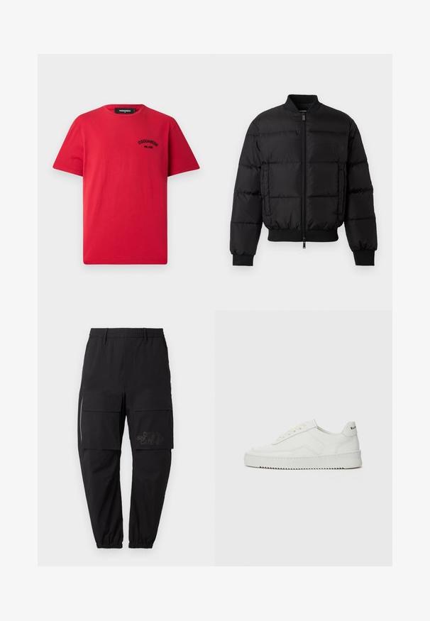 Jachetă puffer neagră cu închidere prin fermoar în față, manșete și tiv ribbate. Prezintă un design matlasat și branding tonal pe buzunarul stâng de la piept.; Tricou roșu din bumbac, cu mâneci scurte, decolteu rotund și logo brodat în negru pe partea stângă a pieptului. Design simplu și solid.; Pantaloni de lucru negri cu un detaliu elastic în talie, având multiple buzunare laterale, un detaliu cu fermoar și un logo imprimat discret pe coapsă.; Sneakers din piele albă cu un finisaj neted, vârf rotund, șireturi plate și o talpă texturată. Prezintă un logo subtil pe călcâi.