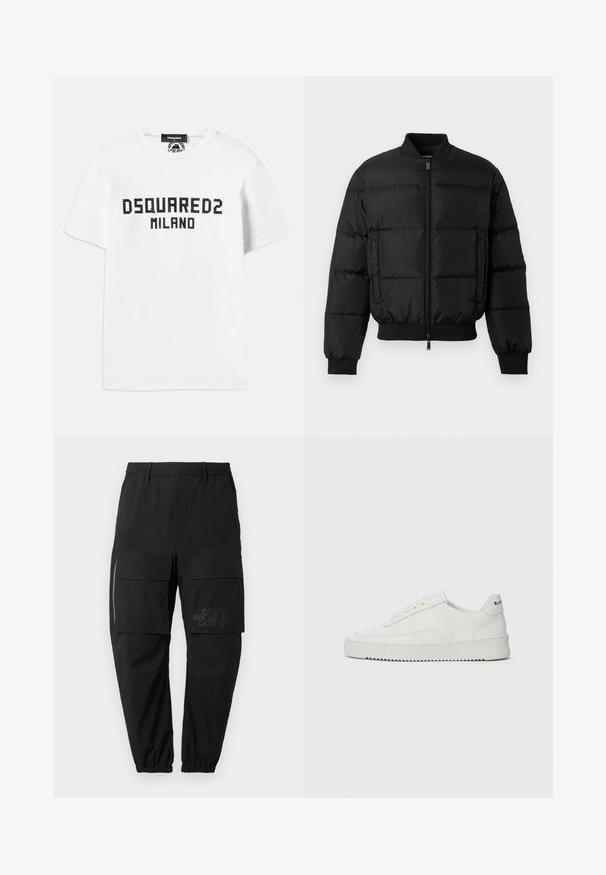 Giacca a spettro nera con zip frontale, polsini e orlo a costine. Presenta un design trapuntato e un logo tono su tono sulla tasca sinistra del petto.; Dsquared2 COOL FIT TEE - T-shirt con stampa - white/dark navy; Pantaloni cargo neri con un elastico in vita, dotati di molteplici tasche laterali, dettaglio con cerniera e un logo stampato discreto sulla coscia.; Sneaker in pelle bianca con una finitura liscia, punta rotonda, lacci piatti e suola testurizzata. Presenta un logo discreto sul tallone.