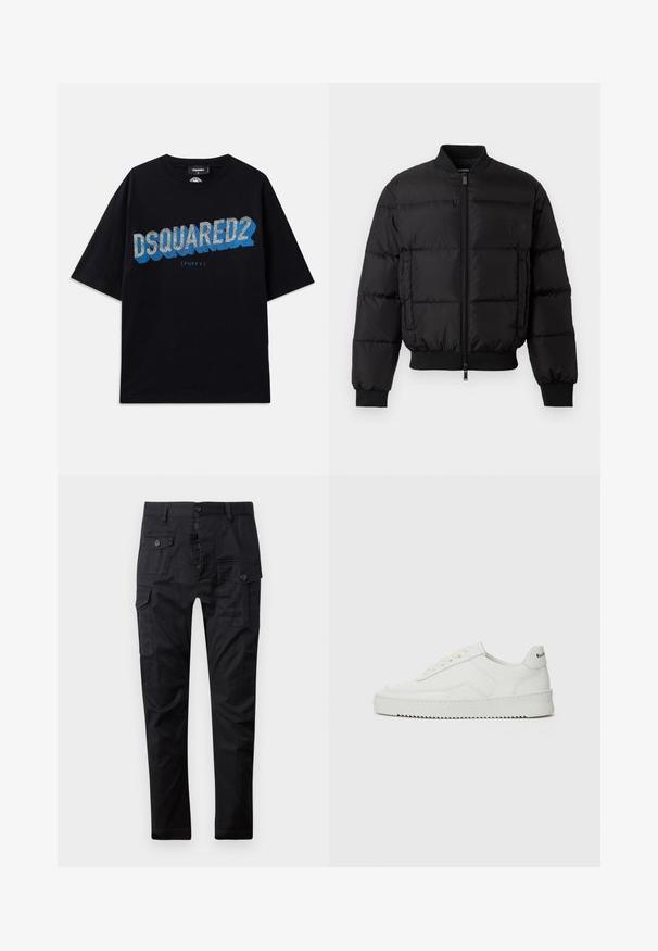 Crna puffer jakna s patentnim zatvaračem sprijeda, rebrastim manžetama i rubom. Ima kvadratni dizajn i tonalni natpis na lijevoj prsnoj džepu.; Dsquared2 Majica kratkih rukava s printom - black; Crne cargo hlače izrađene od izdržljivog materijala, s višestrukim džepovima, dugmetom za zatvaranje i ravnim krojem. Glatka tekstura i mat završna obrada.; Bijele kožne tenisice s glatkom površinom, okruglim vrhom, ravnim vezicama i teksturiranom potplatom. Imaju suptilan logo na peti.