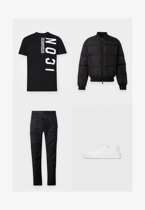 Black puffer jacket with a zip front, ribbed cuffs, and hem. Features a quilted design and tonal branding on the left chest pocket.; Black cotton t-shirt featuring bold white text design: "DSQUARED2" vertically and "ICON" horizontally on the side. Classic round neckline.; Black cargo pants made of durable fabric, featuring multiple pockets, a button fly, and a straight leg design. Smooth texture and matte finish.; White sneaker with a smooth leather upper, rounded toe, laces, textured side accents, and a thick rubber sole. Minimalist design.