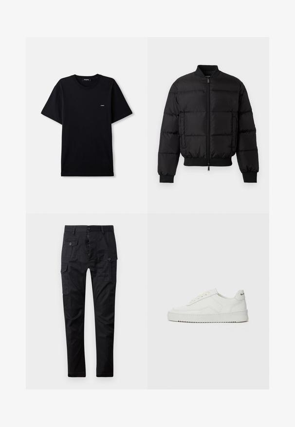 Black puffer jacket with a zip front, ribbed cuffs, and hem. Features a quilted design and tonal branding on the left chest pocket.; Black cotton T-shirt with short sleeves, crew neck, and a small branded label on the chest. Smooth texture, classic fit.; Black cargo pants made of durable fabric, featuring multiple pockets, a button fly, and a straight leg design. Smooth texture and matte finish.; White leather sneaker with a smooth finish, round toe, flat laces, and a textured sole. Features a subtle logo on the heel.
