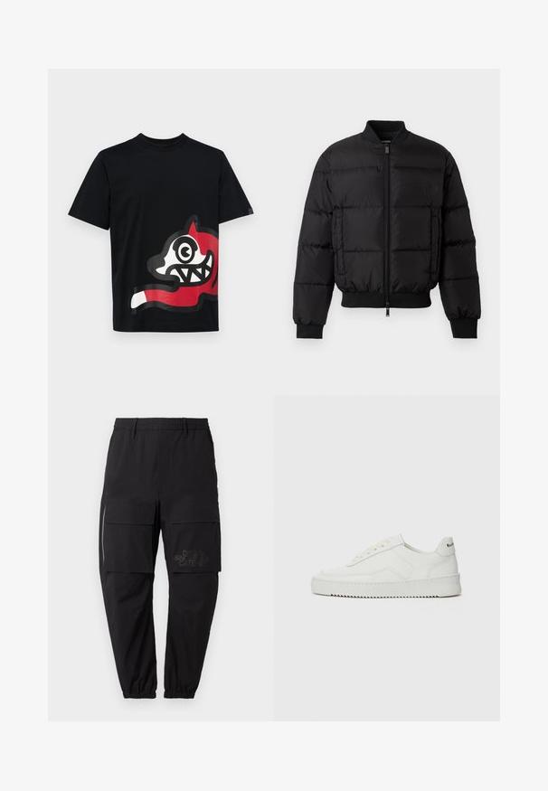 Black puffer jacket with a zip front, ribbed cuffs, and hem. Features a quilted design and tonal branding on the left chest pocket.; Icecream JUMBO RUNNING DOG - Print T-shirt - black; Black cargo pants with an elastic waistband, featuring multiple side pockets, a zipper detail, and a subtle printed logo on the thigh.; White leather sneaker with a smooth finish, round toe, flat laces, and a textured sole. Features a subtle logo on the heel.
