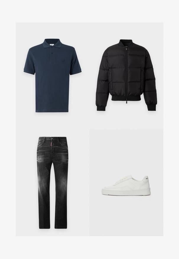 Mustmust mustroheline jakk, millel on lukuga esiosa, soonikust mansetid ja alläär. Omab tepitud disaini ja ühtlast brändimist vasakul rinnataskul.; Tumedat sinine polo-särk, mis on valmistatud puuvillast, klassikalise krae, lühikeste varrukate ja õrnalt kontrastse logoga vasakul rinnal. Silu sile tekstuur.; Mustad denim püksid otse lõikega. Omavad kulunud piirkondi, väikseid kahjustusi, klassikalist viit taskut ning nööpkinnitust.; Valge nahast tennis, millel on sile põhi, ümar varvas, lamedad nöörid ja tekstuuriline tall. Sisaldab diskreetset logo kontsaribal.