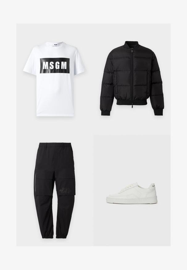 Sort pufferjakke med lynlås foran, ribbede manchetter og kant. Har en quiltet design og tonal branding på venstre brystlomme.; Hvid bomulds T-shirt med et stort sort rektangulært print med "MSGM" i fede hvide bogstaver. Korte ærmer og rund halsudskæring.; Sorte cargo bukser med elastisk talje, der har flere sidelommer, en lynlåsdetalje og et diskret trykt logo på låret.; Hvide lædersneakers med en glat overflade, rund tå, flade snørebånd og en tekstureret sål. Har et diskret logo på hælen.